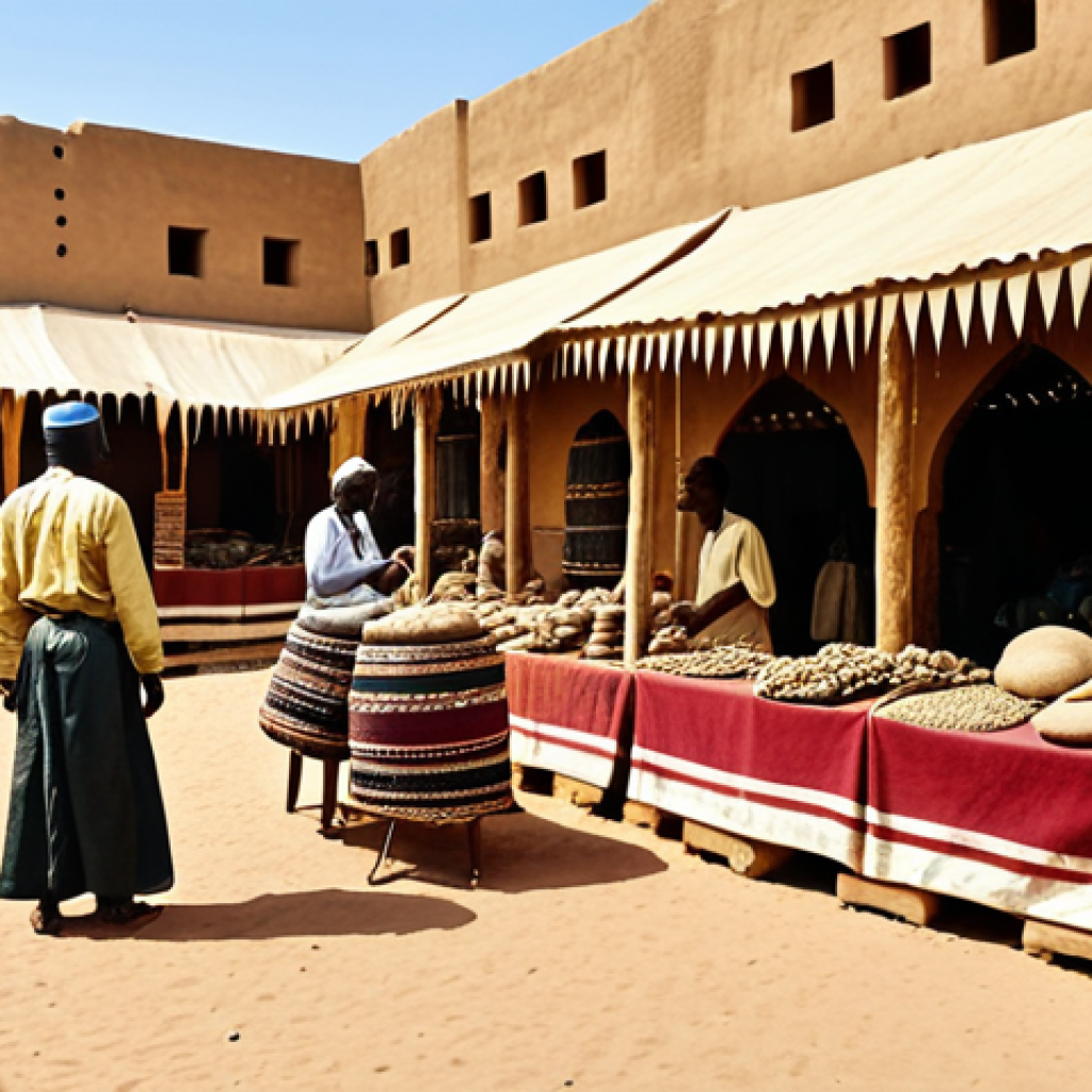 A vibrant, bustling marketplace in pre-colonial Africa. Capture the essence of the kingdoms of Ghana, Mali, or Songhai. Focus on the trade of gold, the diverse array of merchants, and the architectural style of Timbuktu. Showcase the rich clothing and jewelry, emphasizing the cultural sophistication of the era. Include elements of Islamic influence in the architecture and attire. The overall feel should be prosperous and culturally rich.