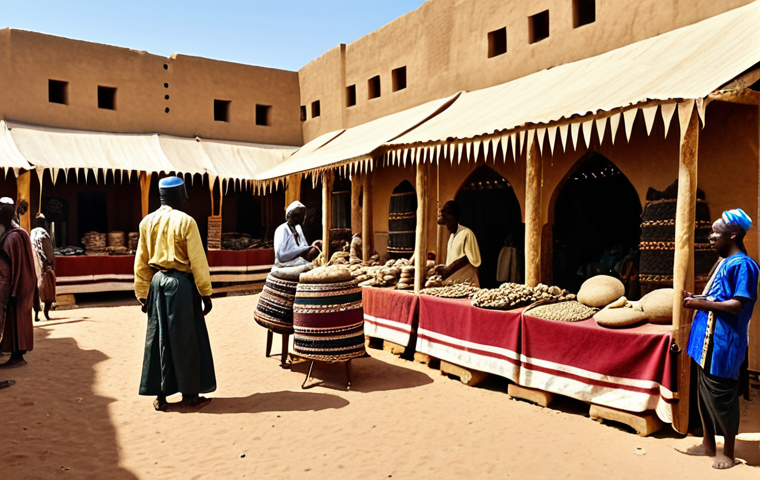 A vibrant, bustling marketplace in pre-colonial Africa. Capture the essence of the kingdoms of Ghana, Mali, or Songhai. Focus on the trade of gold, the diverse array of merchants, and the architectural style of Timbuktu. Showcase the rich clothing and jewelry, emphasizing the cultural sophistication of the era. Include elements of Islamic influence in the architecture and attire. The overall feel should be prosperous and culturally rich.