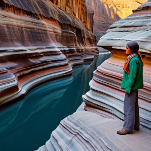 Home 24 A professional female geologist, fully clothed in modest, durable field attire, stands thoughtfully within a magnificent canyon showcasing dramatic, multi-colored geological strata. Her gaze is directed towards the ancient rock layers, hinting at deep time and Earth's history. The scene is bathed in natural, soft daylight, emphasizing the textures and grandeur of the landscape. Perfect anatomy, correct proportions, natural pose, well-formed hands, proper finger count, professional photography, high quality, safe for work, appropriate content, fully clothed, family-friendly.