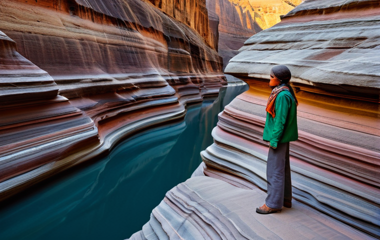 A professional female geologist, fully clothed in modest, durable field attire, stands thoughtfully within a magnificent canyon showcasing dramatic, multi-colored geological strata. Her gaze is directed towards the ancient rock layers, hinting at deep time and Earth's history. The scene is bathed in natural, soft daylight, emphasizing the textures and grandeur of the landscape. Perfect anatomy, correct proportions, natural pose, well-formed hands, proper finger count, professional photography, high quality, safe for work, appropriate content, fully clothed, family-friendly.