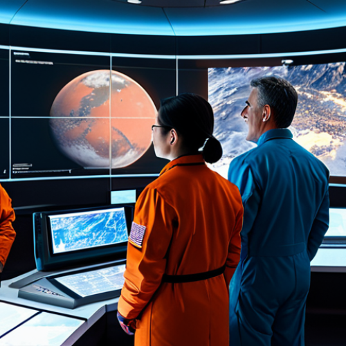 Home 22 **
"A diverse team of scientists and engineers, fully clothed in appropriate space exploration attire, are gathered around a holographic display showing a 3D model of Mars. The scene is set in a modern, brightly lit mission control center with large windows overlooking a futuristic cityscape. Safe for work, professional, detailed image, perfect anatomy, natural proportions, family-friendly, appropriate content."
**