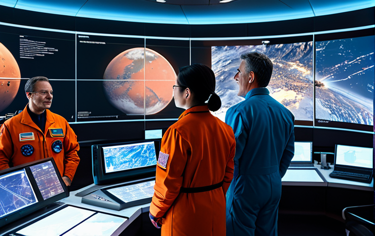 **

"A diverse team of scientists and engineers, fully clothed in appropriate space exploration attire, are gathered around a holographic display showing a 3D model of Mars. The scene is set in a modern, brightly lit mission control center with large windows overlooking a futuristic cityscape. Safe for work, professional, detailed image, perfect anatomy, natural proportions, family-friendly, appropriate content."

**