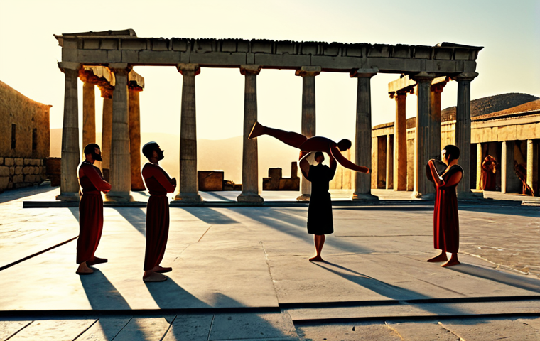 운동의 역사 - Ancient Gymnastics Training**
"Ancient Greek athletes training in a gymnasium, performing calisthen...