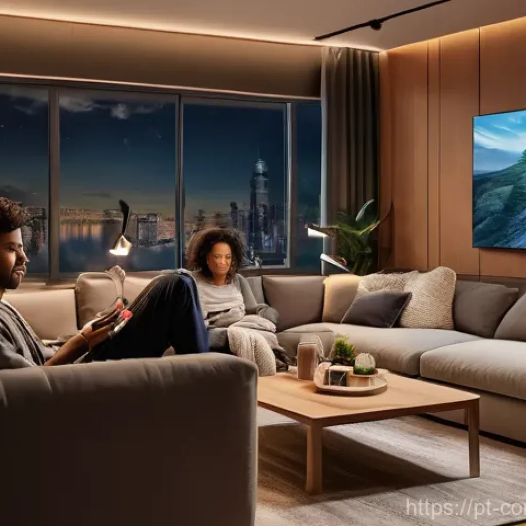 대중문화 상식 - **Prompt 1: Global Streaming Comfort**
A cozy and modern living room scene at dusk, with soft am...
