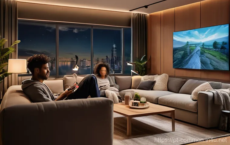 대중문화 상식 - **Prompt 1: Global Streaming Comfort**
A cozy and modern living room scene at dusk, with soft am...
