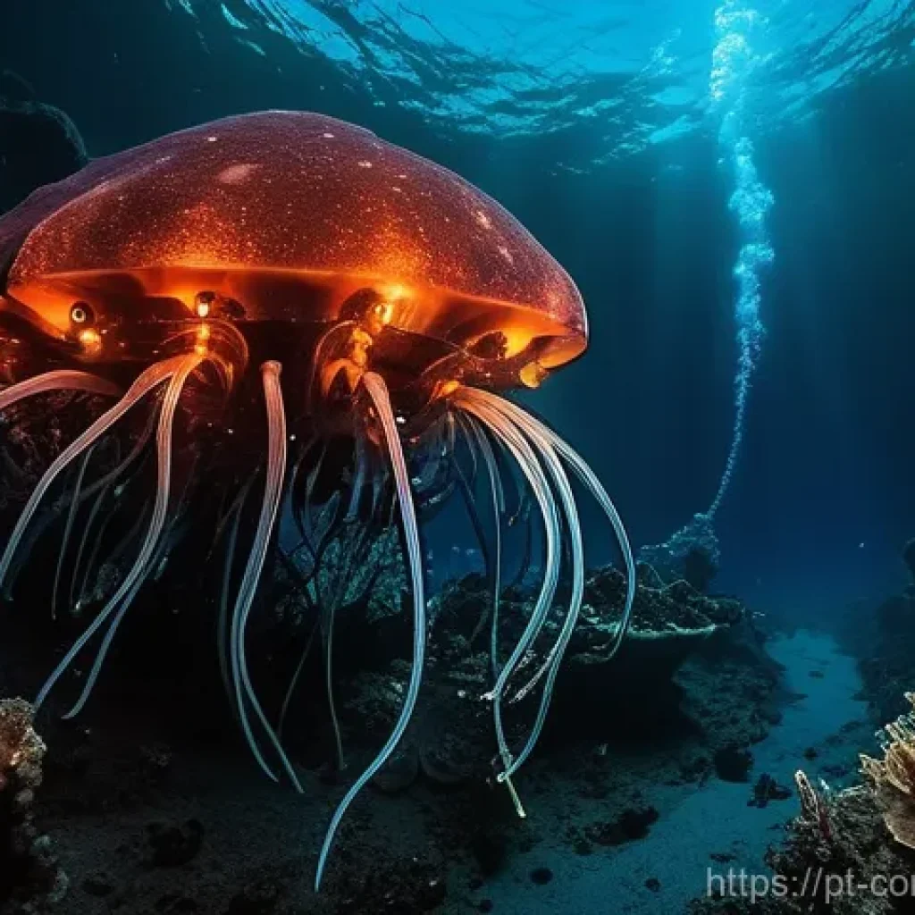해양 생물 - **Prompt:** A remotely operated submersible (ROV) with bright lights exploring a mysterious deep-sea...