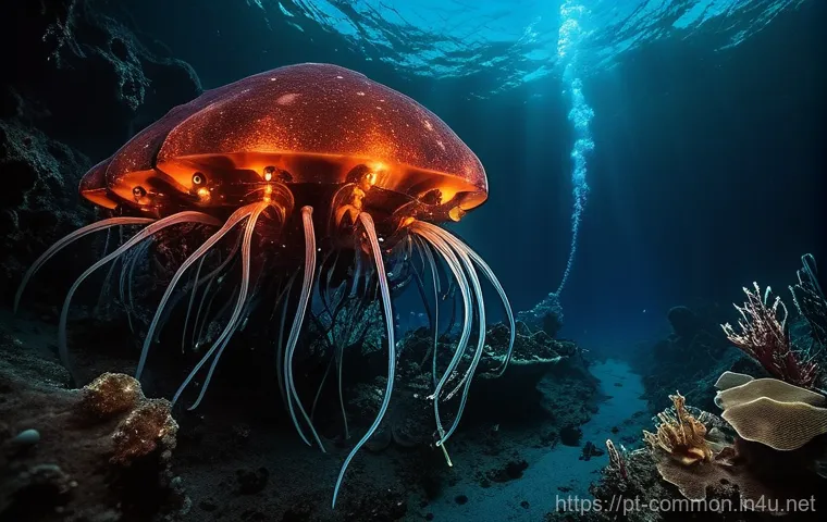 해양 생물 - **Prompt:** A remotely operated submersible (ROV) with bright lights exploring a mysterious deep-sea...