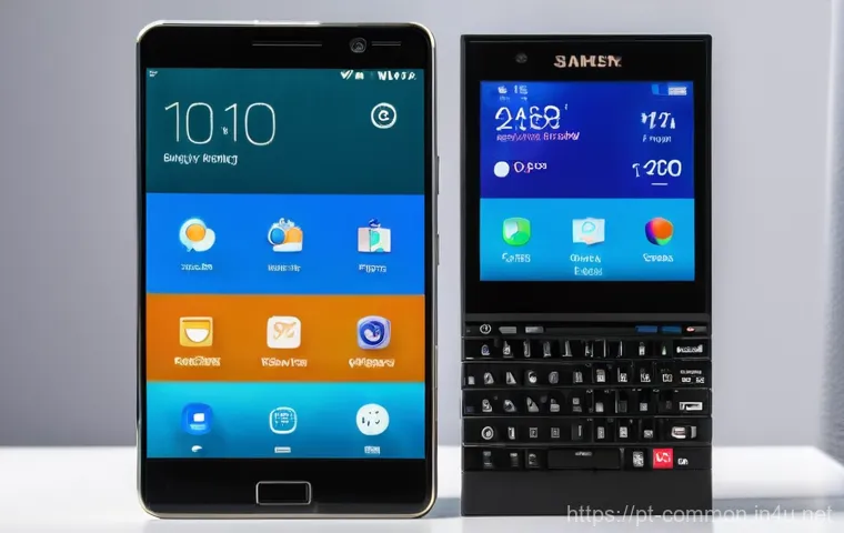 스마트폰의 발전 - **Prompt:** A dynamic, split-frame image showcasing the stark contrast in smartphone evolution. On t...