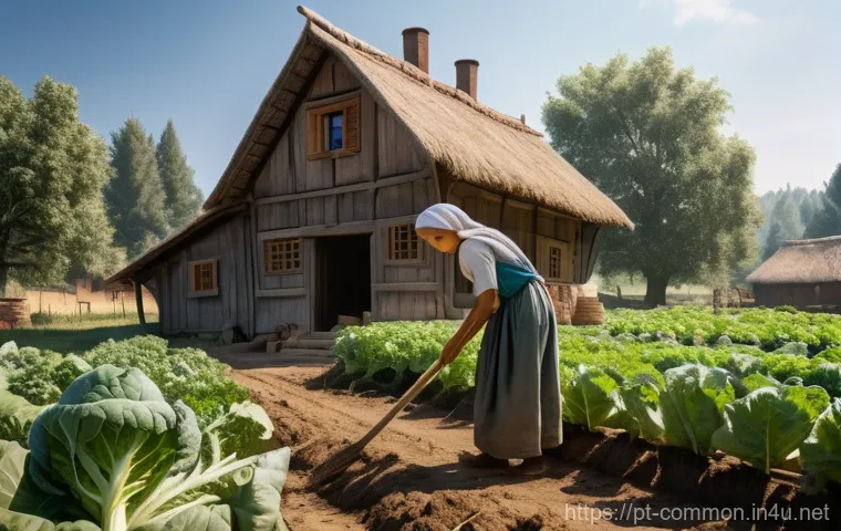 중세 역사 - **Prompt: Medieval Peasant Family at Daily Chores**
A vibrant, realistic depiction of a medieval...