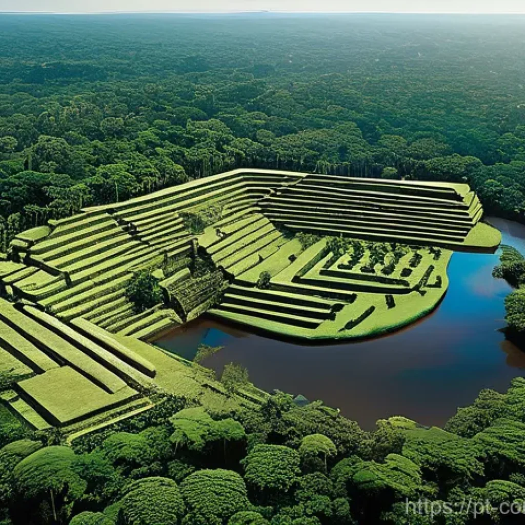 고대 문명 - **Prompt:** A breathtaking aerial view of a vibrant, pre-Columbian Amazonian city, previously hidden...