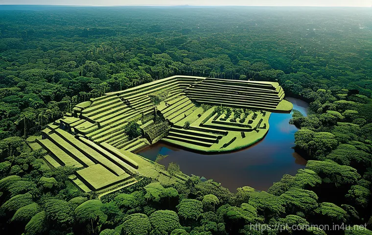 고대 문명 - **Prompt:** A breathtaking aerial view of a vibrant, pre-Columbian Amazonian city, previously hidden...