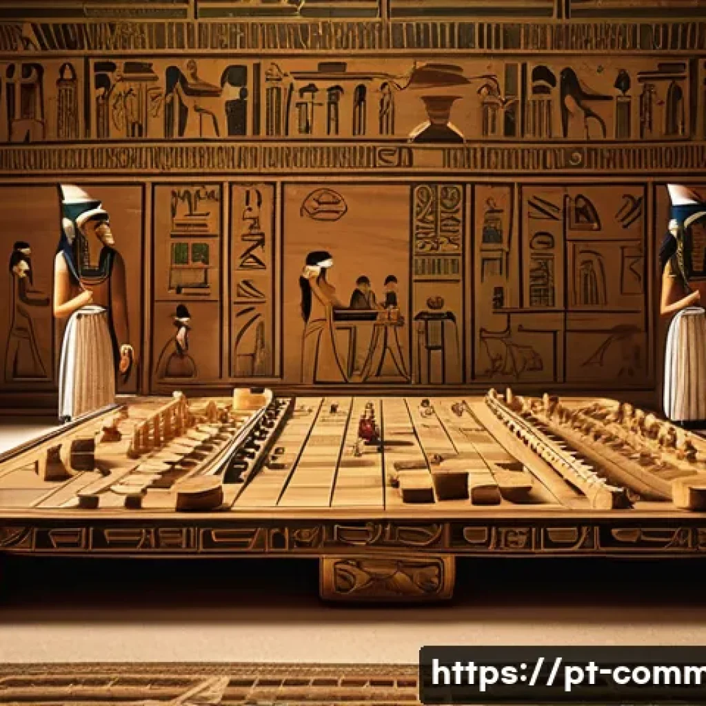 게임의 역사 - A detailed scene of an ancient Egyptian family gathered around a wooden Senet board game, set in a d...