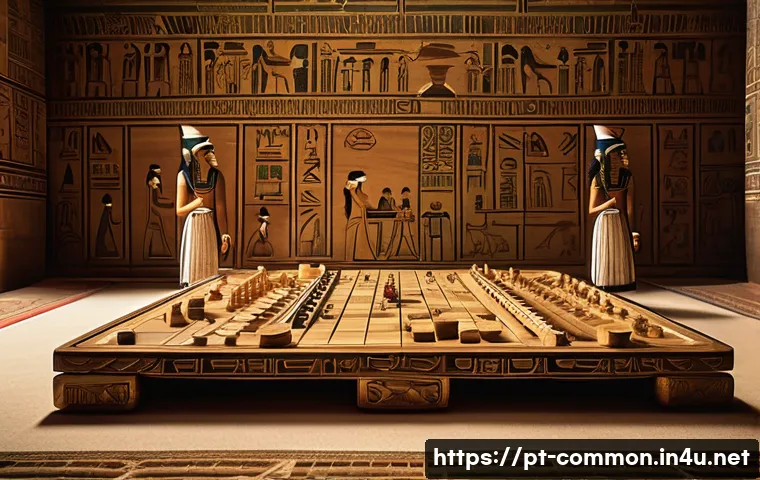 게임의 역사 - A detailed scene of an ancient Egyptian family gathered around a wooden Senet board game, set in a d...
