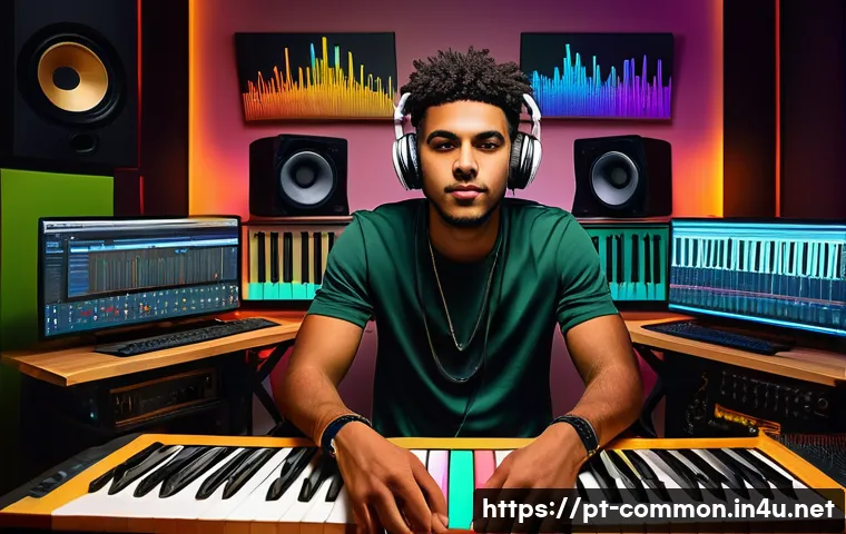 대중음악 - A vibrant digital home music studio scene featuring a young independent Brazilian artist surrounded ...