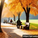 자연 상식 - A serene autumn park scene in a temperate Brazilian city, featuring diverse people dressed in casual...