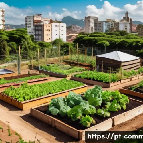 지구 환경 보호 - A vibrant urban community garden in a Brazilian city, featuring diverse residents of all ages workin...