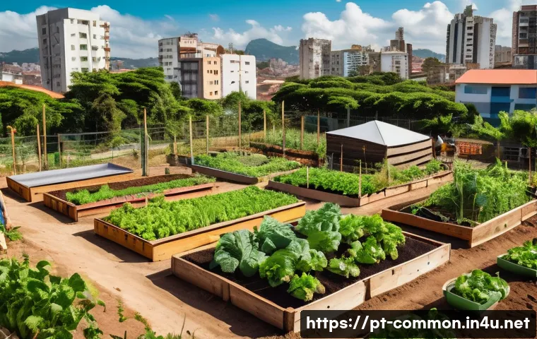 지구 환경 보호 - A vibrant urban community garden in a Brazilian city, featuring diverse residents of all ages workin...