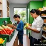 경제 상식 - A busy Brazilian family kitchen scene showing a middle-class family of four adjusting their grocery ...