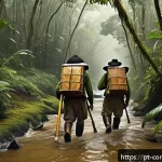 탐험가 - A detailed scene of a 15th-century Portuguese expedition navigating through a dense, humid tropical ...