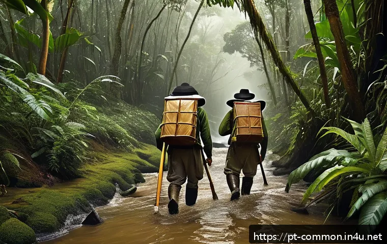 탐험가 - A detailed scene of a 15th-century Portuguese expedition navigating through a dense, humid tropical ...
