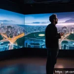 영화 역사 - A futuristic film director&rsquo;s studio filled with multiple holographic screens displaying advanced dig...