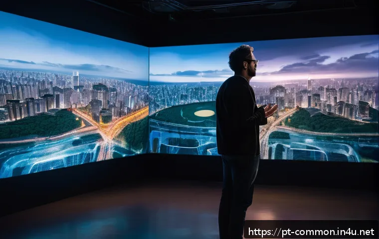 영화 역사 - A futuristic film director’s studio filled with multiple holographic screens displaying advanced dig...
