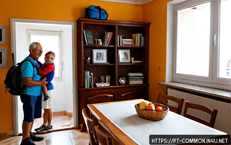 Home 17 지진 상식 - Photorealistic earthquake preparedness scene in a bright Portuguese family apartment, an older coupl...